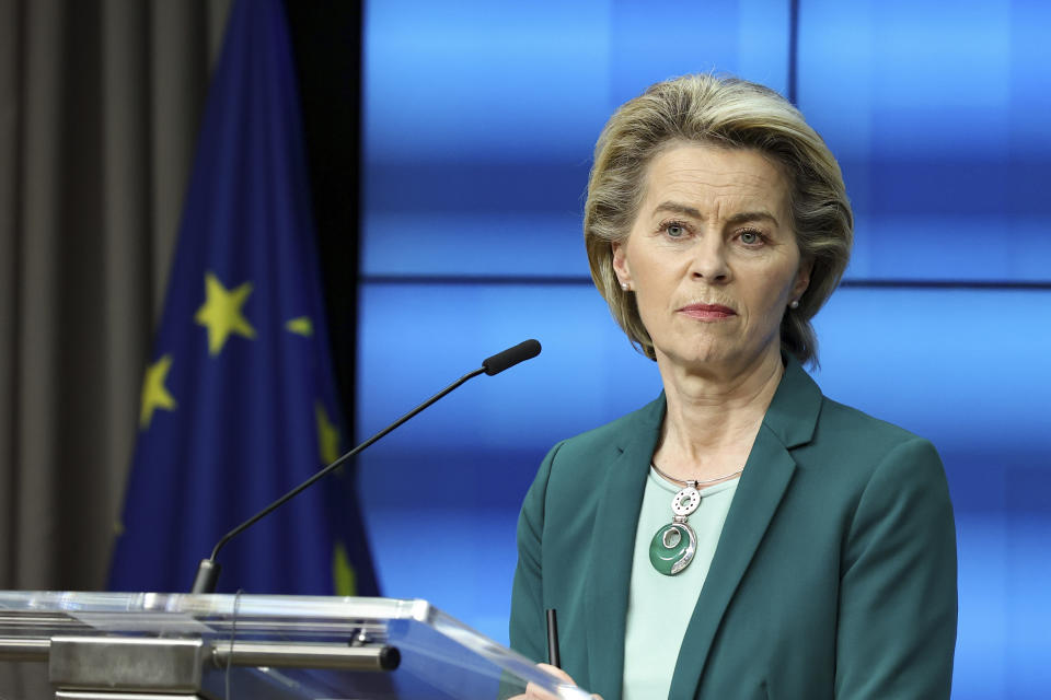 European Commission President Ursula von der Leyen listens to a question during an online news conference at the end of a EU summit at the European Council building in Brussels, Thursday, March 25, 2021. European Union leaders struggled Thursday to solve quarrels about the distribution of COVID-19 vaccine shots as they tried to ramp up inoculations across their 27 nations amid a shortage of doses, spikes in new cases and a feud with the United Kingdom. (Aris Oikonomou, Pool Photo via AP)