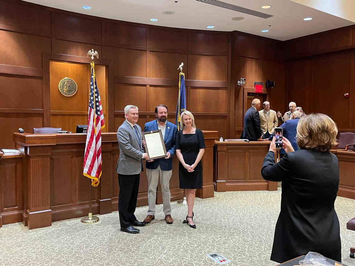 James Comer (left) is pictured with his successor in former state represenatative Bart Rowland and Rowland’s new successor in Rep. Amy Neighbors, R-Edmonton.