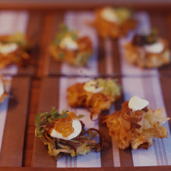 
 Potato Latkes with Gravlax, Crème Fraîche and Caviar