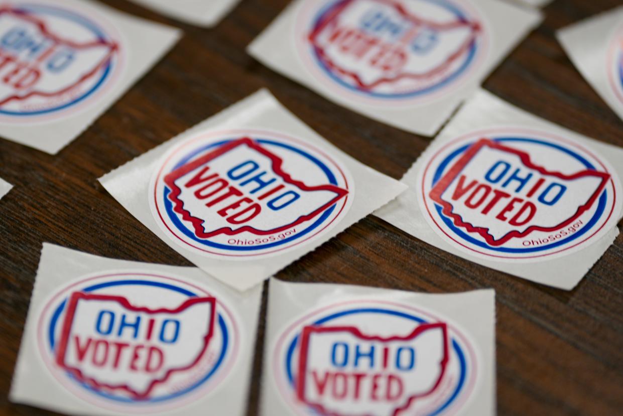 Voting stickers are laid out at the St. Bernard City Hall polling place in St. Bernard, Ohio, on Tuesday, May 2, 2023.