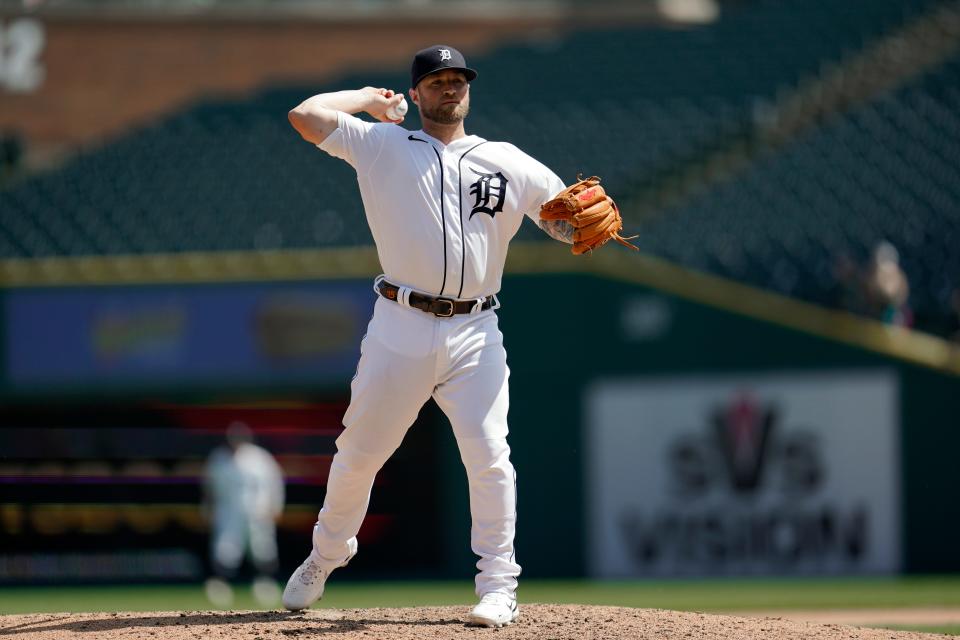 Tigers catcher Tucker Barnhart pitches in the ninth inning of the Tigers' 13-0 loss to the White Sox on Wednesday, June 15, 2022, at Comerica Park.