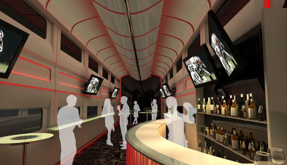 This undated artistic rendering provided by Las Vegas Railway Express shows the interior of the X Train, a proposed luxury “party train” that would run from Fullerton, Calif., to downtown Las Vegas. For $99 each way, passengers would get food, drinks, access to two on-board “ultra lounges” and other amenities. The company signed an agreement last week with Union Pacific Railroad allowing them to use a set of tracks that leads to downtown Las Vegas but hasn’t seen passenger traffic in 15 years.” (AP Photo/Las Vegas Railway Express)