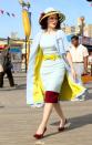 <p>Brosnahan looked chic in a blue-and-yellow ensemble while filming at Coney Island on May 7. </p>