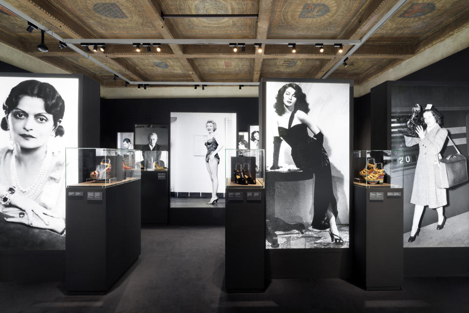 The "Shoes and Famous Feet" room at the "Salvatore Ferragamo 1898-1960" exhibition in Florence.
