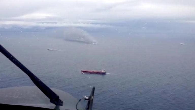 A photo grab taken from a video made available by the Aeronautica Militare Italiana on December 28, 2014, shows the burning ferry "Norman Atlantic" adrift off Albania