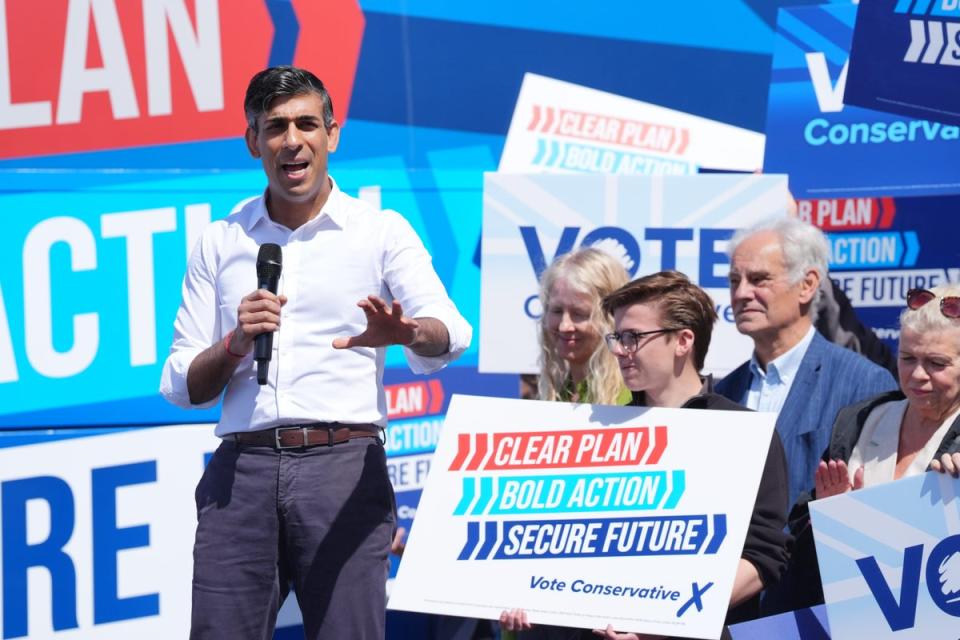 Prime Minister Rishi Sunak is returning to the campaign trail on Monday (Jonathan Brady/PA) (PA Wire)