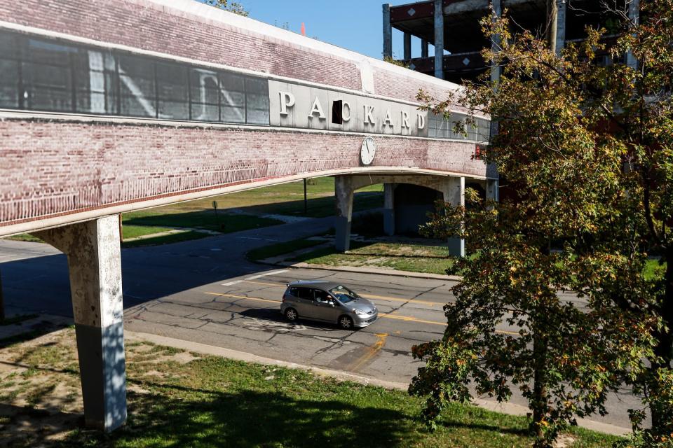 Looking at the bridge that connects factory buildings across Grand Boulevard from the second floor of the administration building at at the Packard Plant, Sunday, September 24, 2017 in Detroit.