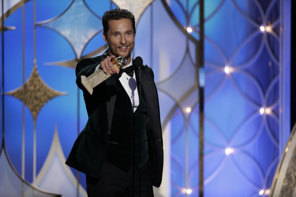 Matthew McConaughey accepts his award during the 71st annual Golden Globe Awards in Beverly Hills