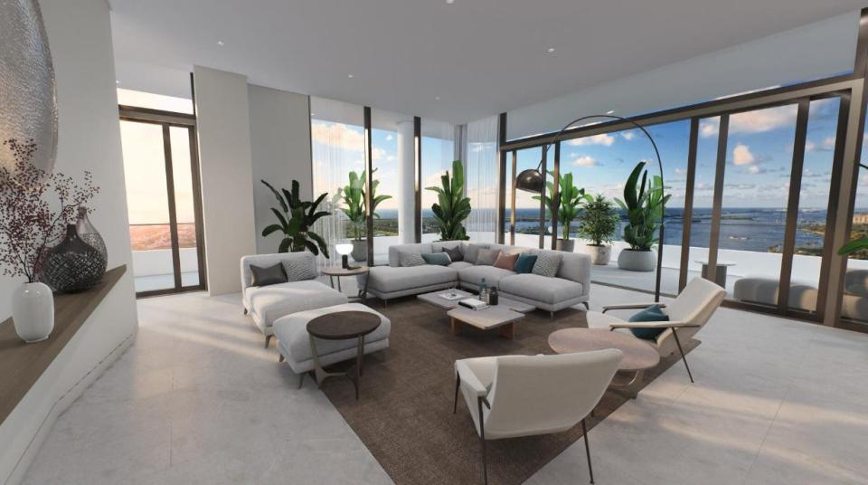 A digital rendering of Penthouse 26 at La Clara in West Palm Beach shows the main living space as it might look if furnished. With panoramic views including the Intracoastal Waterway, the condo just sold to an investment group led by developer Todd Michael Glaser.
