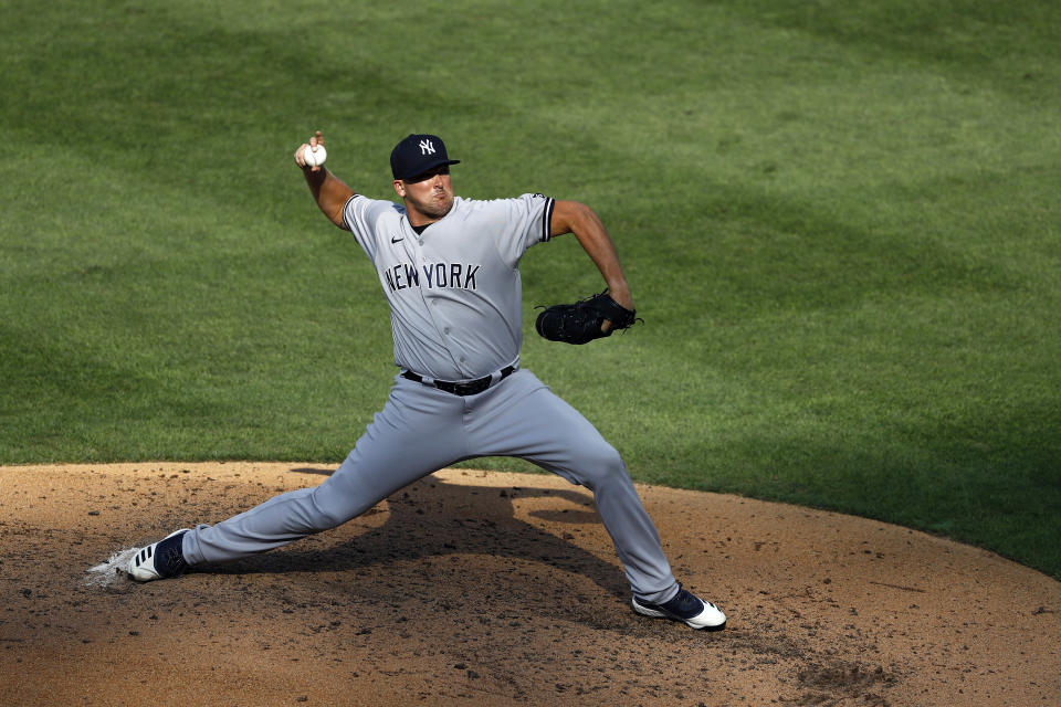 New York Yankees' Jonathan Holder pitches during the fourth inning of the first baseball game in doubleheader against the Philadelphia Phillies, Wednesday, Aug. 5, 2020, in Philadelphia. (AP Photo/Matt Slocum)