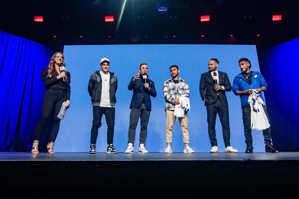 Nov 9, 2022; Brooklyn, New York, USA; Jordan Morris, Cristian Roldan and Jesus Ferreira are introduced during the U.S. Men’s National Team World Cup roster reveal party at Brooklyn Steel. Mandatory Credit: John Jones-USA TODAY Sports