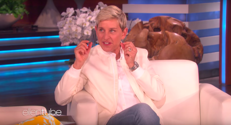 Ellen wasn’t totally sure on the, er, interesting beauty choices of the actress. Source: YouTube / The Ellen Show