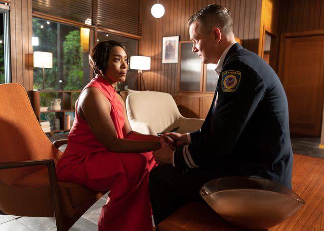 <p>Disney/Chris Willard</p> Angela Bassett and Peter Krause before the Grant-Nash house burned down on '9-1-1'