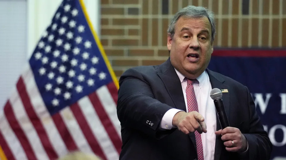 Former New Jersey Gov. Chris Christie addresses a gathering during a town hall style meeting at New England College, Thursday, April 20, 2023, in Henniker, N.H. (AP Photo/Charles Krupa)