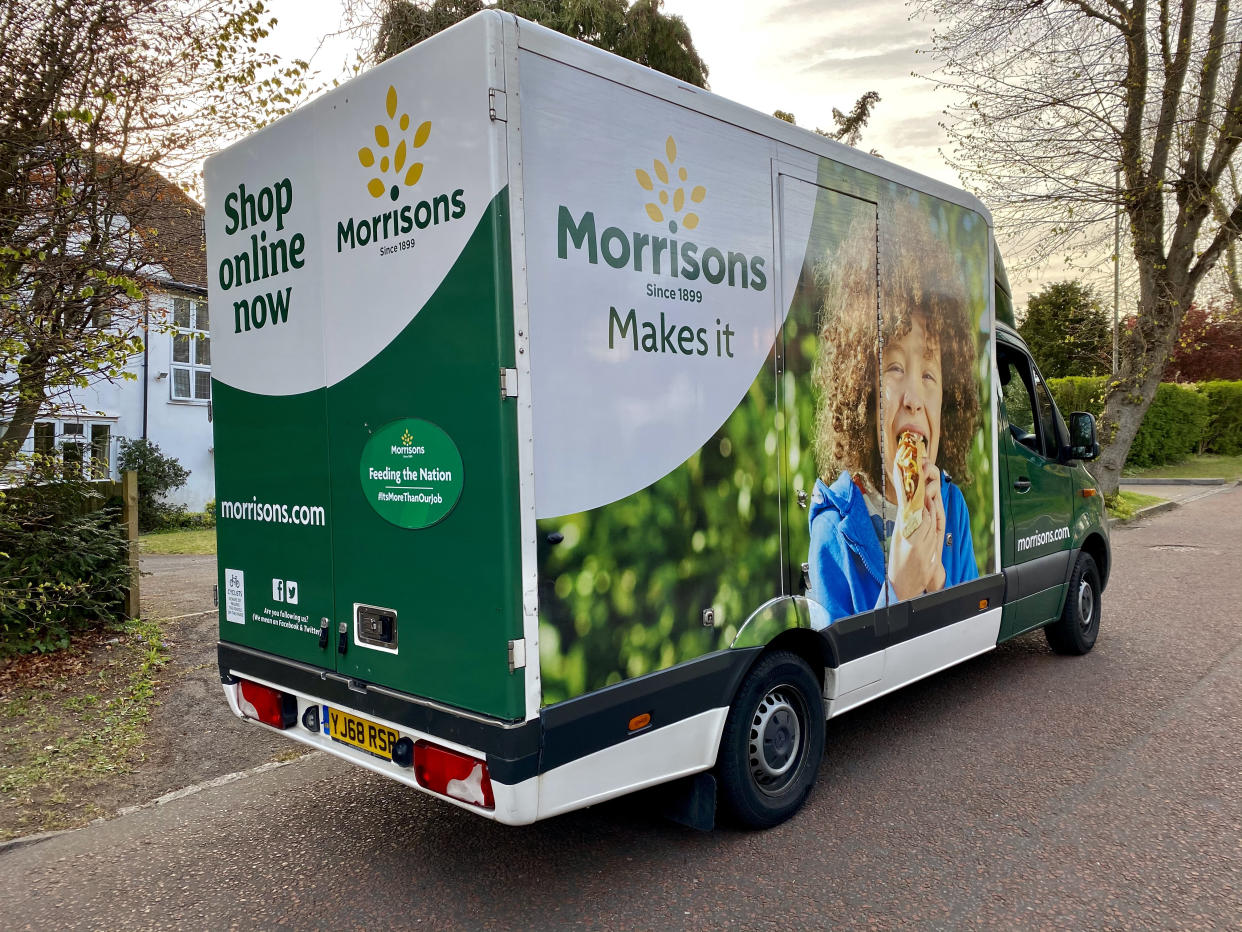 London,UK- April 26, 2021: A Morrisons grocery home delivery lorry parked at the side of a street.