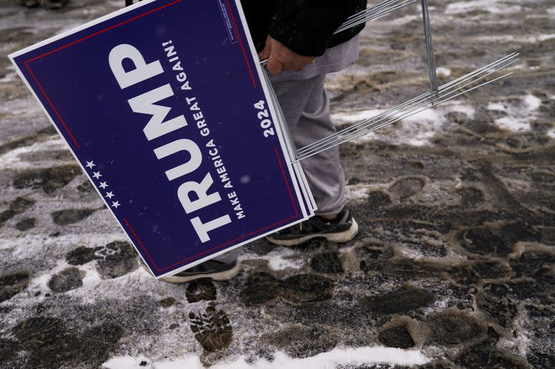 Former U.S. President and Republican presidential candidate Donald Trump holds a rally ahead of the New Hampshire primary election, in Atkinson