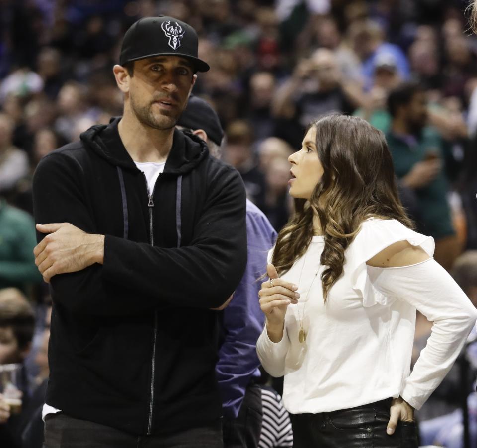 Aaron Rodgers and Danica Patrick were courtside for the Bucks’ Game 3 versus the Celtics. (AP Photo/Morry Gash)