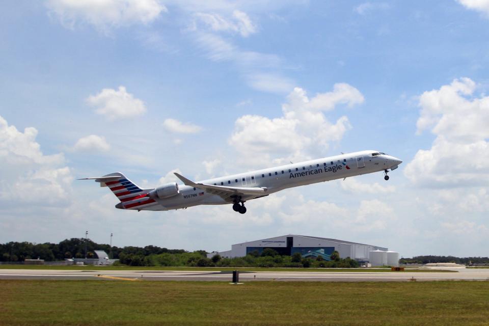 An American Airlines CRJ-900 takes flight from Melbourne Orlando International Airport.