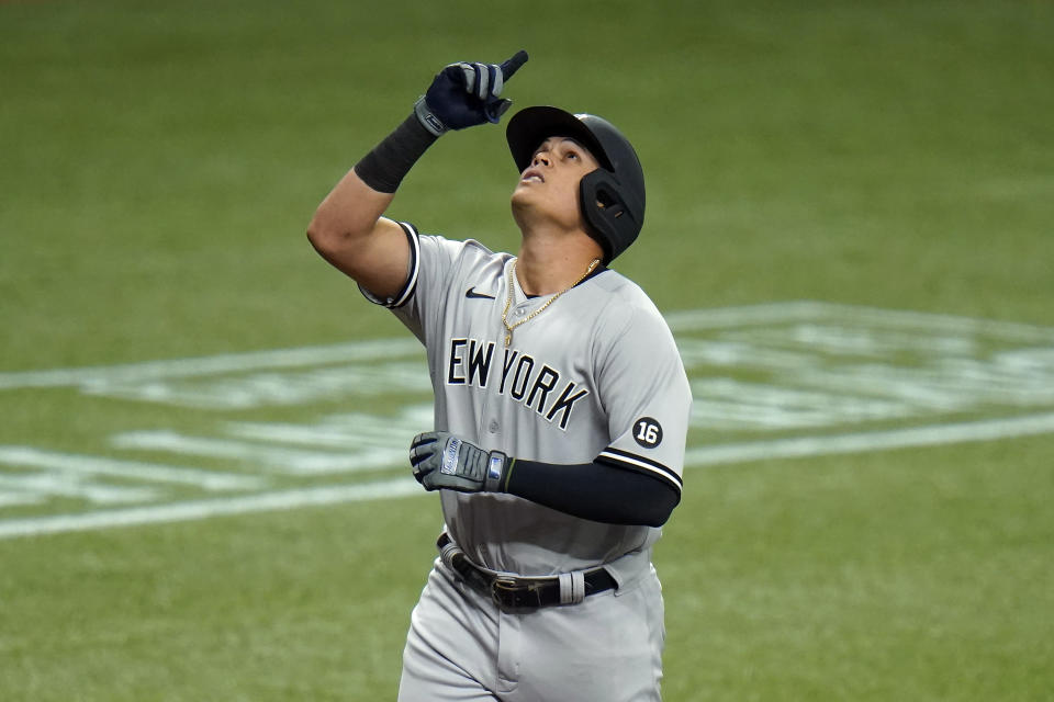 New York Yankees' Gio Urshela celebrates after his two-run home run off Tampa Bay Rays starting pitcher Michael Wacha during the third inning of a baseball game Sunday, April 11, 2021, in St. Petersburg, Fla. (AP Photo/Chris O'Meara)