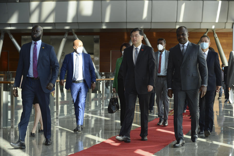 China's Foreign Minister, Qin Gang, center, arrives at the African Union headquarters in Addis Ababa, Ethiopia, Wednesday, Jan. 11, 2023. Qin has begun a five-nation tour of Africa aimed at bolstering Chinese-African ties. (AP Photo)