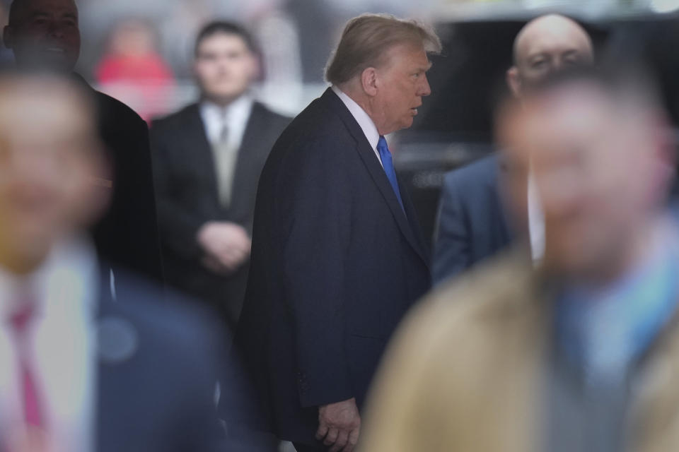 Former president Donald Trump leaves Trump Tower on his way to Manhattan criminal court, Thursday, April 18, 2024, in New York. (AP Photo/Seth Wenig)