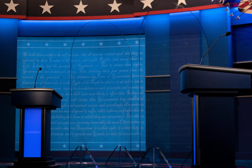 Clear dividers are seen on stage as preparations are made for the final presidential debate between President Donald Trump and former Vice President Joe Biden (Photo by BRENDAN SMIALOWSKI/AFP via Getty Images)
