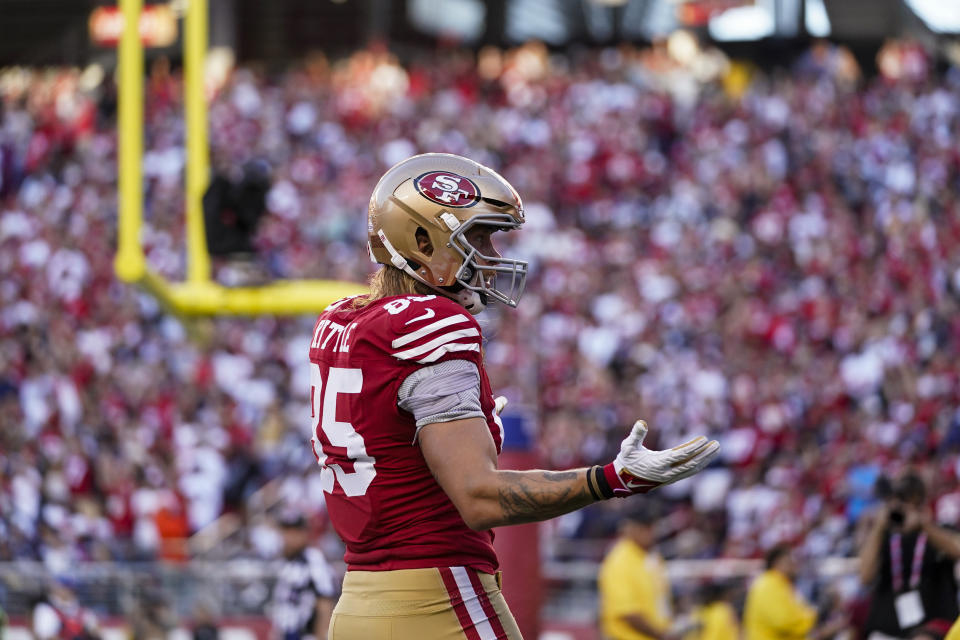 San Francisco 49ers tight end George Kittle reacts after scoring a touchdown against the Dallas Cowboys during the first half of an NFL football game Sunday, Oct. 8, 2023, in Santa Clara, Calif. (AP Photo/Godofredo A. Vásquez)