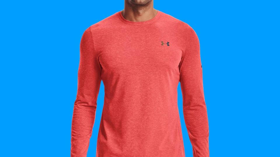 This long sleeve shirt can be yours in a striking red color for less than $50 right now.