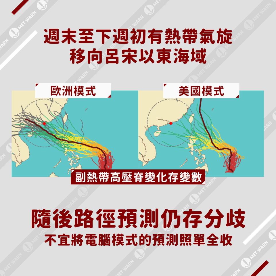今年7月颱風「杜蘇芮」襲港，由於歐洲模式和美國模式預報存有分歧，MET WARN列舉兩者的分別，以保持平。（MET WARN專頁圖片）