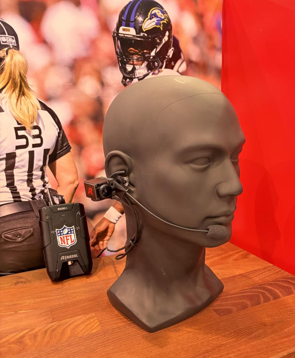 A new headset and cam from Riedel Communications on a dummy's head.