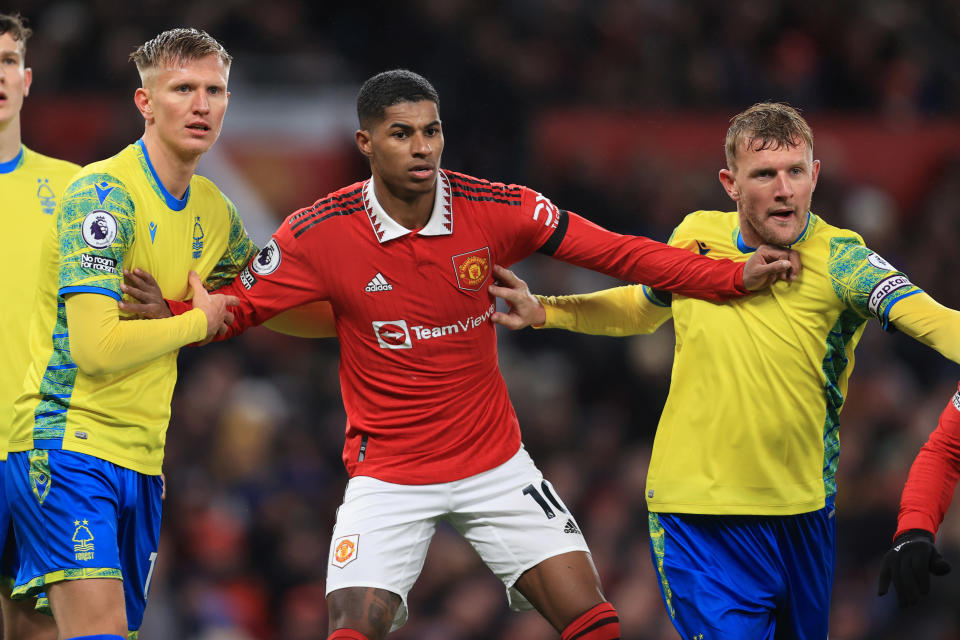 MANCHESTER, ENGLAND - DECEMBER 27: Sam Surridge of Nottingham Forest, Marcus Rashford of Manchester United and Joe Worrall of Nottingham Fores during the Premier League match between Manchester United and Nottingham Forest at Old Trafford on December 27, 2022 in Manchester, United Kingdom. (Photo by Simon Stacpoole/Offside/Offside via Getty Images)