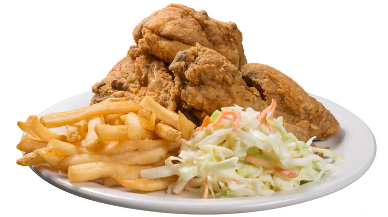 Fried chicken, fries, and coleslaw