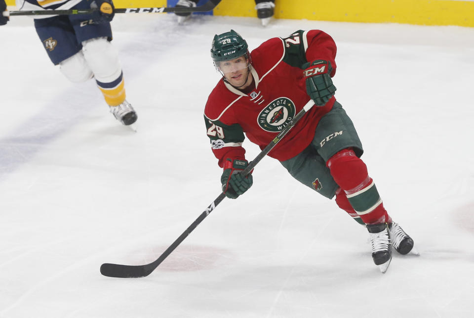 FILE- This Feb. 18, 2017 file photo shows Minnesota Wild's Jason Pominville skating during the first period of an NHL hockey game against the Nashville Predators in St. Paul, Minn. Minnesota Wild forwards Zach Parise and Jason Pominville have been diagnosed with mumps and must miss at least three games. The Wild announced Monday, Feb. 27, 2017 shortly before faceoff against Los Angeles, that Parise and Pominville have the highly contagious virus along with other members of the organization. (AP Photo/Jim Mone)