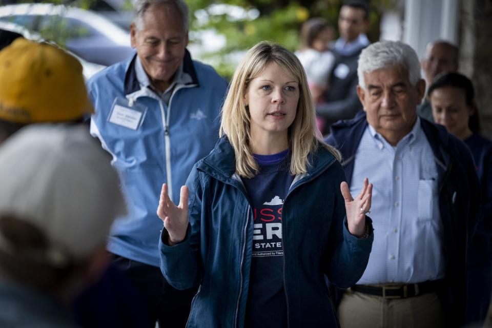 Virginia state Senate candidate Russet Perry, a Democrat, speaks to campaign volunteers on Oct. 8, 2023. <a href="https://www.gettyimages.com/detail/news-photo/leesburg-virginia-virginia-state-senate-candidate-russet-news-photo/1730513107?adppopup=true" rel="nofollow noopener" target="_blank" data-ylk="slk:Pete Marovich For The Washington Post via Getty Images;elm:context_link;itc:0;sec:content-canvas" class="link ">Pete Marovich For The Washington Post via Getty Images</a>