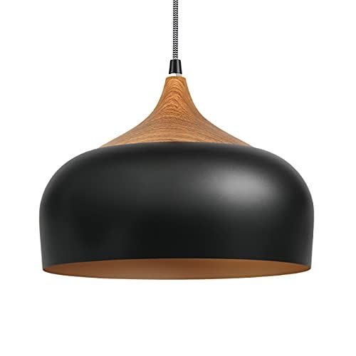 Tomons Pendant Light Modern Lantern Lighting with LED Bulb, Wood Pattern Dome Minimalist Industrial Ceiling Hanging Lamp for Kitchen Island, Barn, Dining Room, Living Room, Bedroom - Black