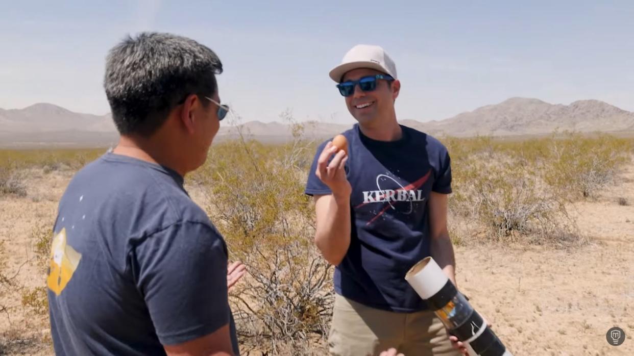 Former NASA engineer and popular YouTuber Mark Rober recently dropped a couple of eggs from space that fell in the Victor Valley. Rober is pictured celebrating with Jet Propulsion Laboratory Systems Engineer Allen Chen.