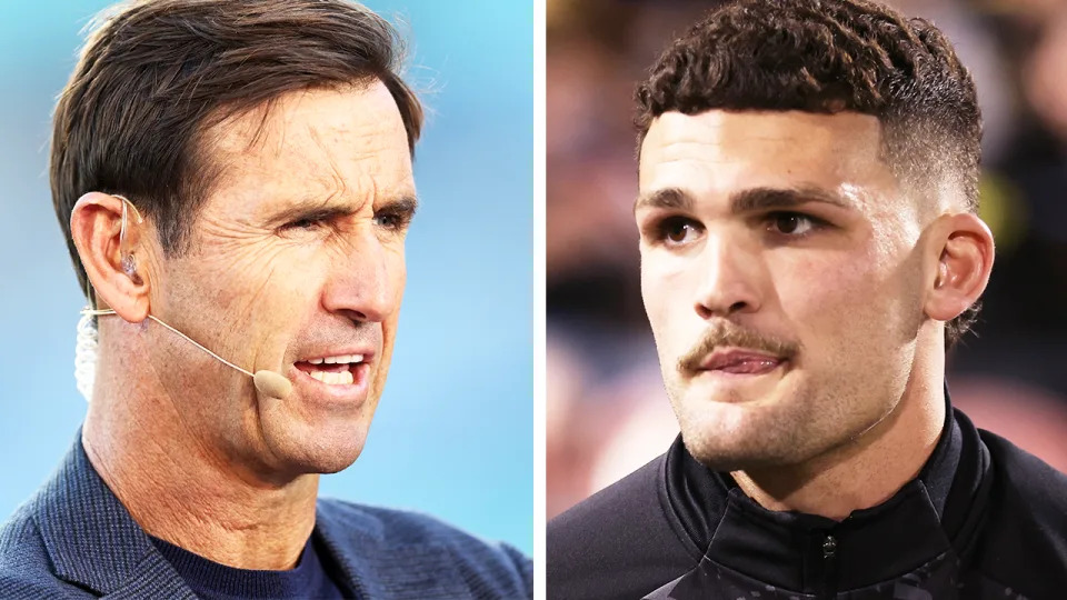 Andrew Johns during commentary and Nathan Cleary watches on.