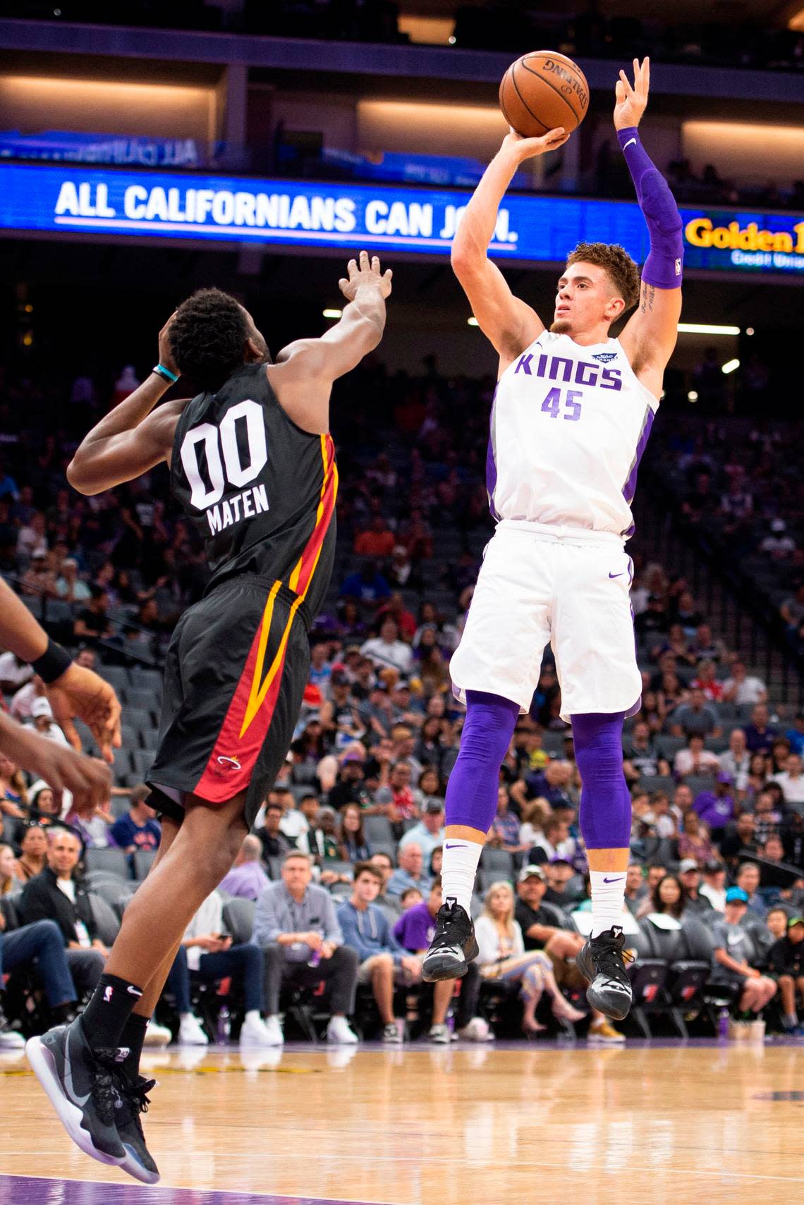 Sacramento Kings forward Isaiah Piñeiro (45) shoots a basket during a summer league game against the Miami Heat on Tuesday, July 2, 2019, at Golden 1 Center. Piñeiro attended Placer High School in Auburn.