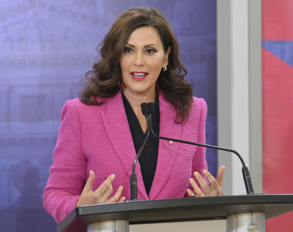 Michigan Gov. Gretchen Whitmer speaks during a debate with Republican challenger Tudor Dixon at Oakland University in Rochester, Mich., on Tuesday, Oct. 25, 2022. (Robin Buckson/Detroit News via AP, Pool)