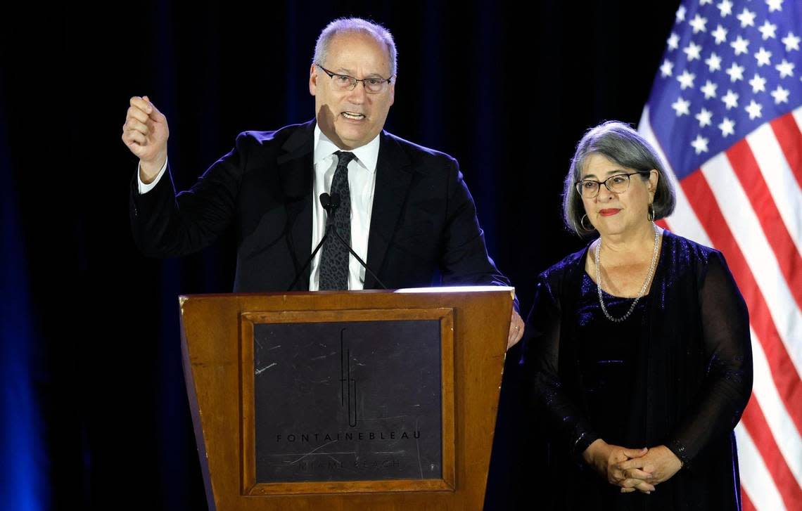 Miami Beach Mayor Dan Gelber speaks as Miami-Dade County Mayor Daniella Levine Cava joins him on stage during the gala at the Florida Democratic Party’s annual Leadership Blue Weekend at the Fontainebleau Hotel in Miami Beach, Florida, on Saturday, July 8, 2023.