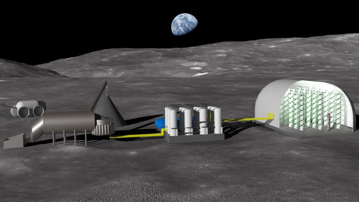  an illustration of building on the surface of the moon, inside of which are farms growing plants 