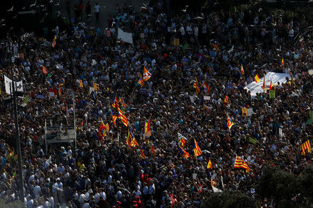 People gather at Plaza Catalunya as they take part in a march of unity after the attacks last week, in Barcelona, Spain, August 26, 2017. REUTERS/Juan Medina