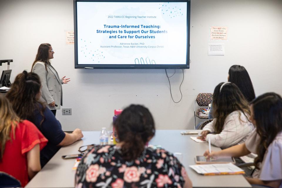 Assistant professor Adrienne Backer teaches a class on supporting students with trauma during the Beginning Teacher Institute, a continuing education program, at Texas A&M University-Corpus Christi, on Friday, June 10, 2022.