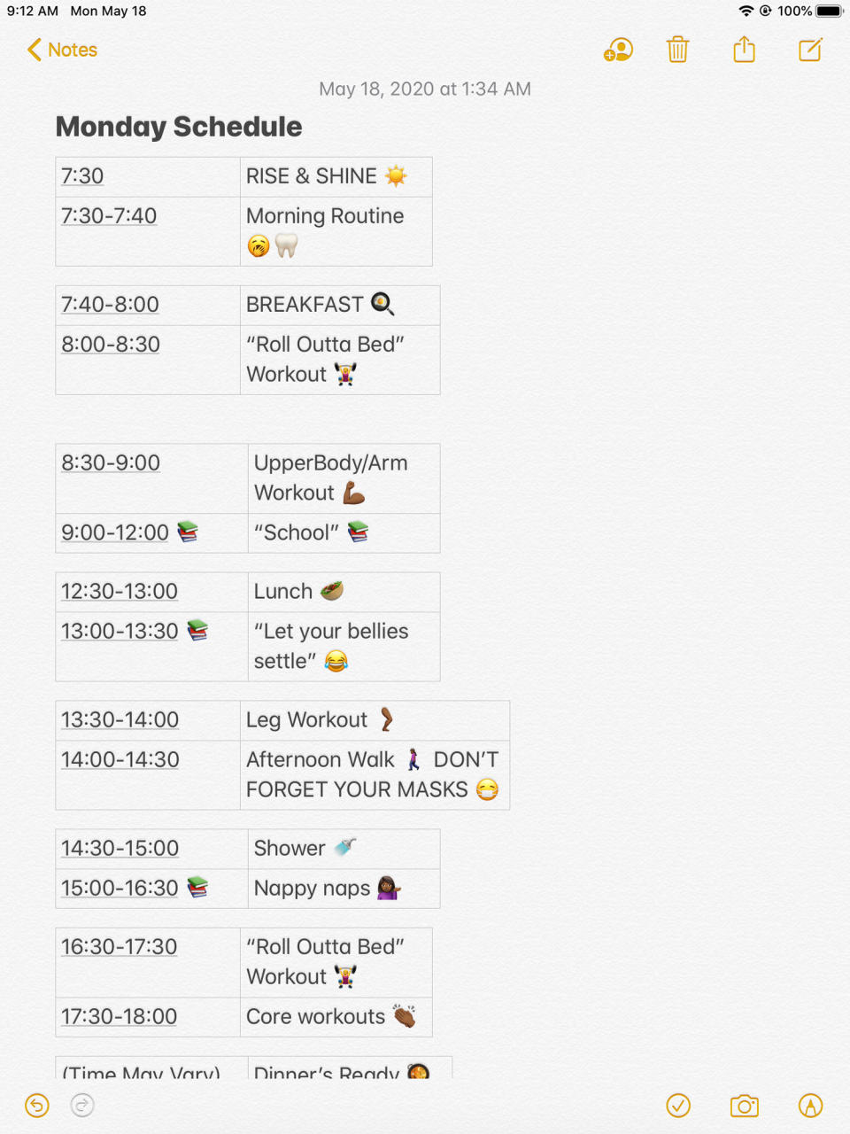 The first portion of Lorraie's Monday schedule. | Courtesy Lorraie Forbes