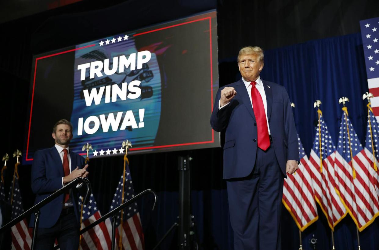 Former President Donald Trump speaks in Des Moines, Iowa, shortly after his victory in the Iowa Caucus on Jan. 15, 2024. <a href="https://www.gettyimages.com/detail/news-photo/former-president-donald-trump-speaks-at-his-caucus-night-news-photo/1936448792?adppopup=true" rel="nofollow noopener" target="_blank" data-ylk="slk:Chip Somodevilla/Getty Images;elm:context_link;itc:0;sec:content-canvas" class="link ">Chip Somodevilla/Getty Images </a>