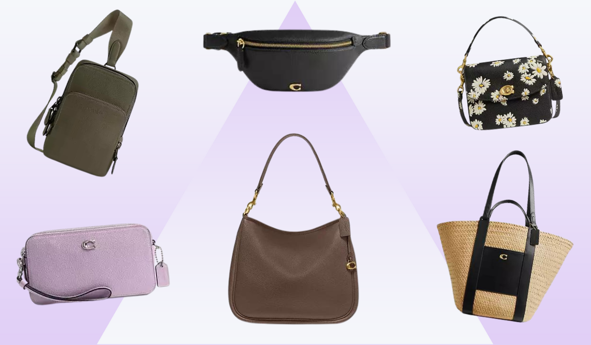 a variety of Coach bags in different models, including a belt bag, a straw tote and a brown shoulder bag