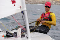 Venezuelan Olympic team sailor Jose Vicente Gutierrez sails his laser yacht during a training session in Naiguata, in the state of Vargas, Venezuela April 18, 2016. REUTERS/Marco Bello