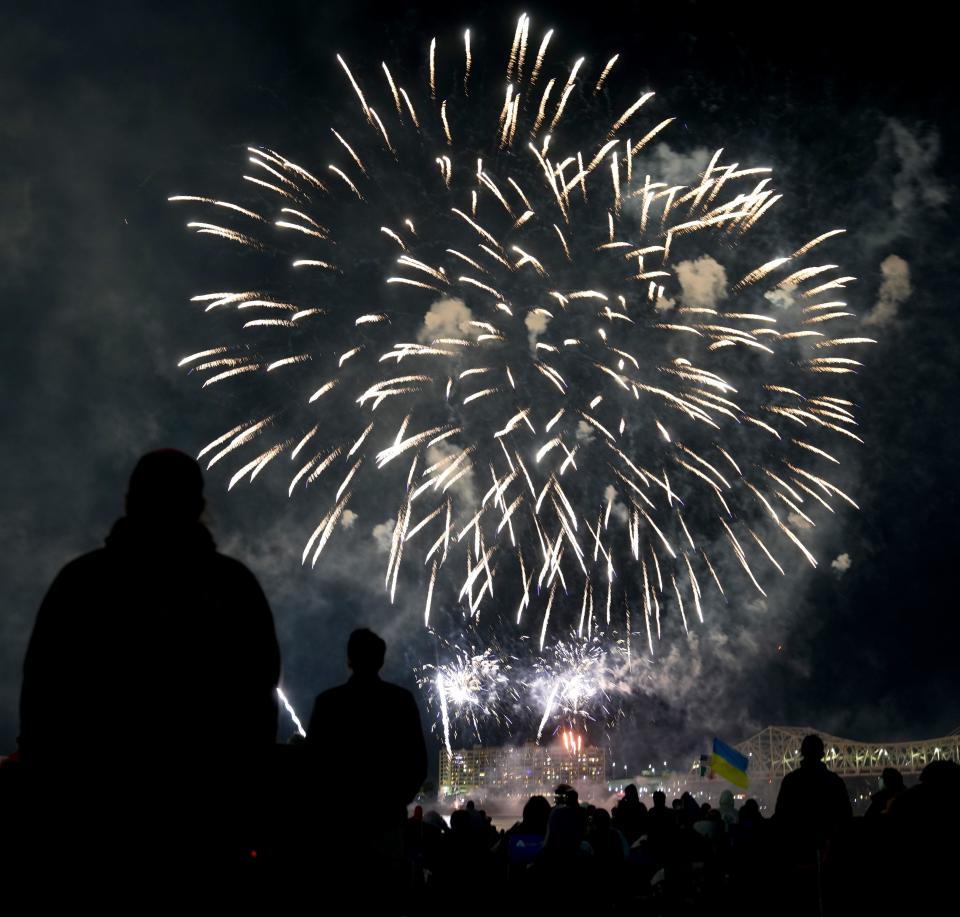 People watch the fireworks show at the end of Thunder of Louisville on April 20, 2024.