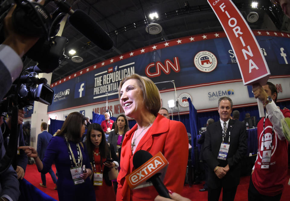 Carly Fiorina talks to the press