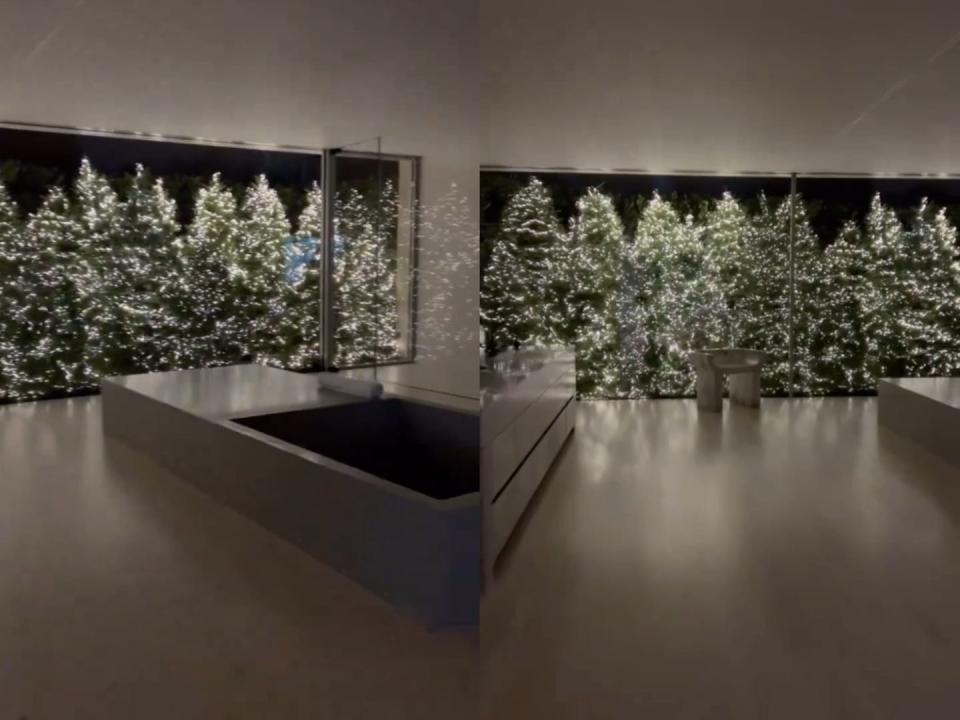 Screengrab of Christmas trees in Kim Kardashian's bathroom.